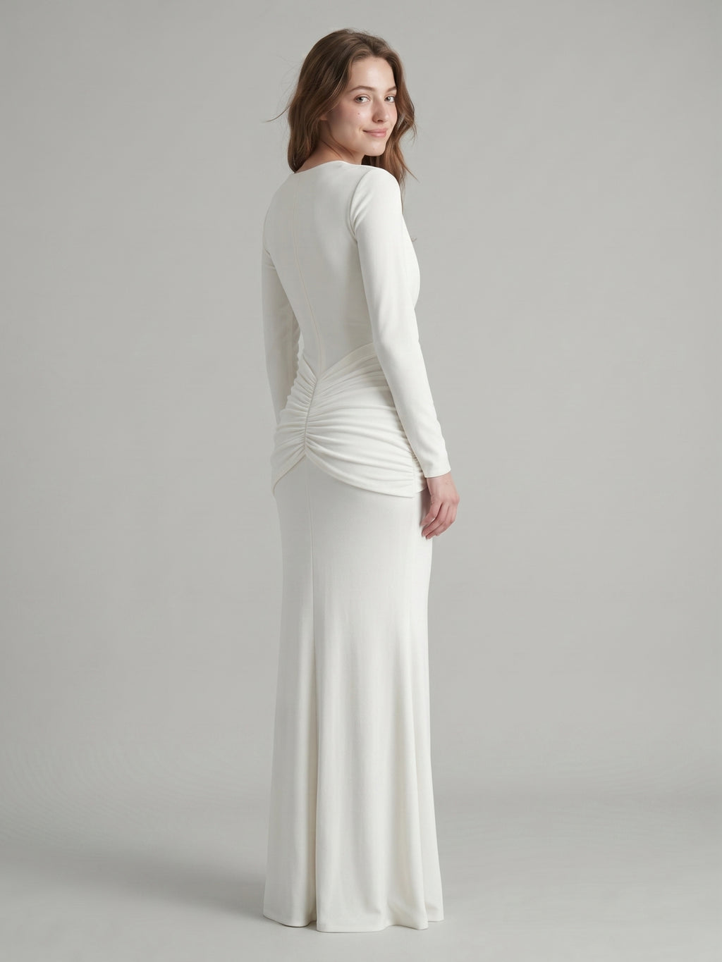 Ivory Stretch Knit Mermaid Cowl Neck Back Zip Floor-Length Pleated Bridesmaid Dress