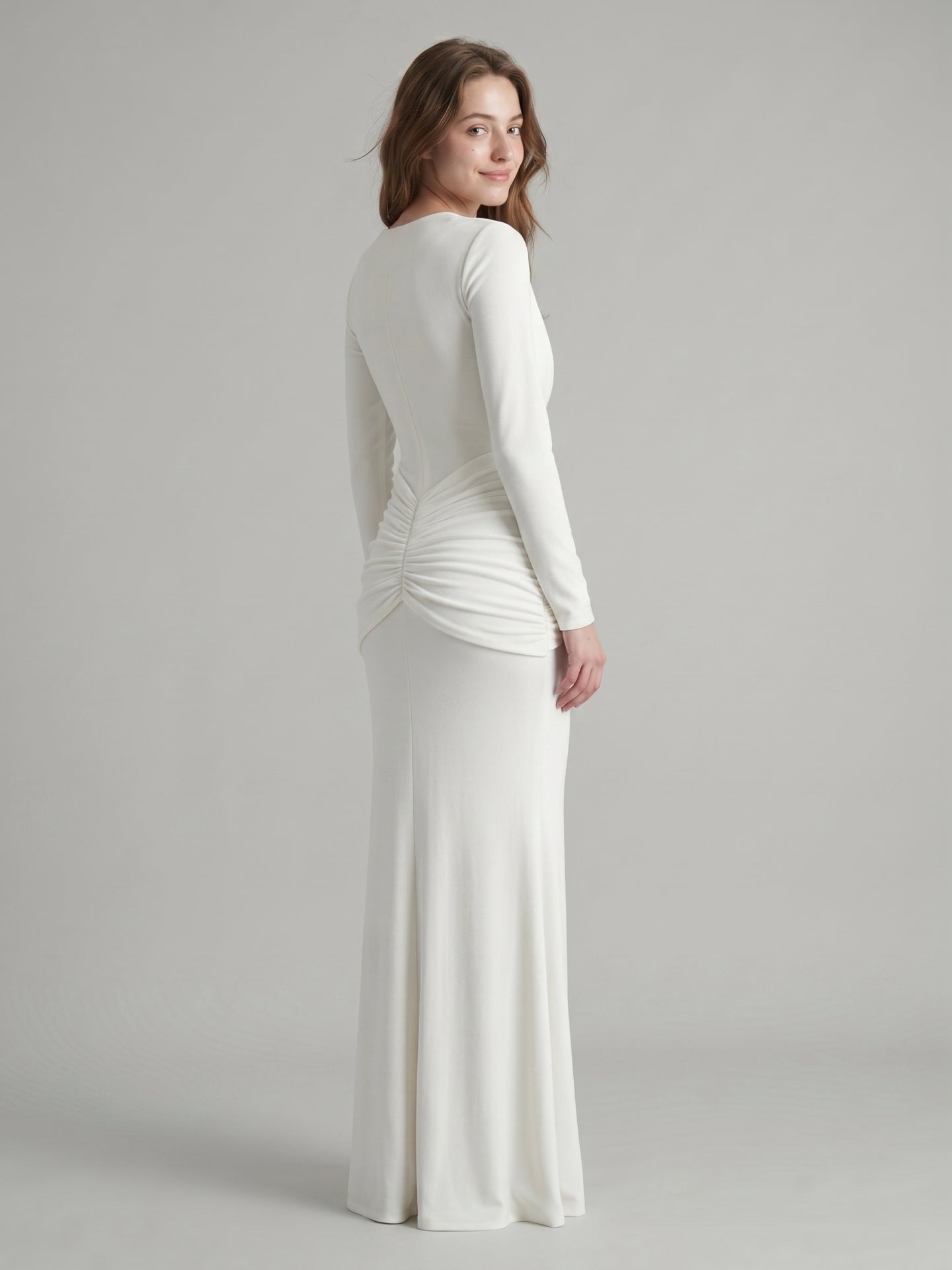 Ivory Stretch Knit Mermaid Cowl Neck Back Zip Floor-Length Pleated Bridesmaid Dress