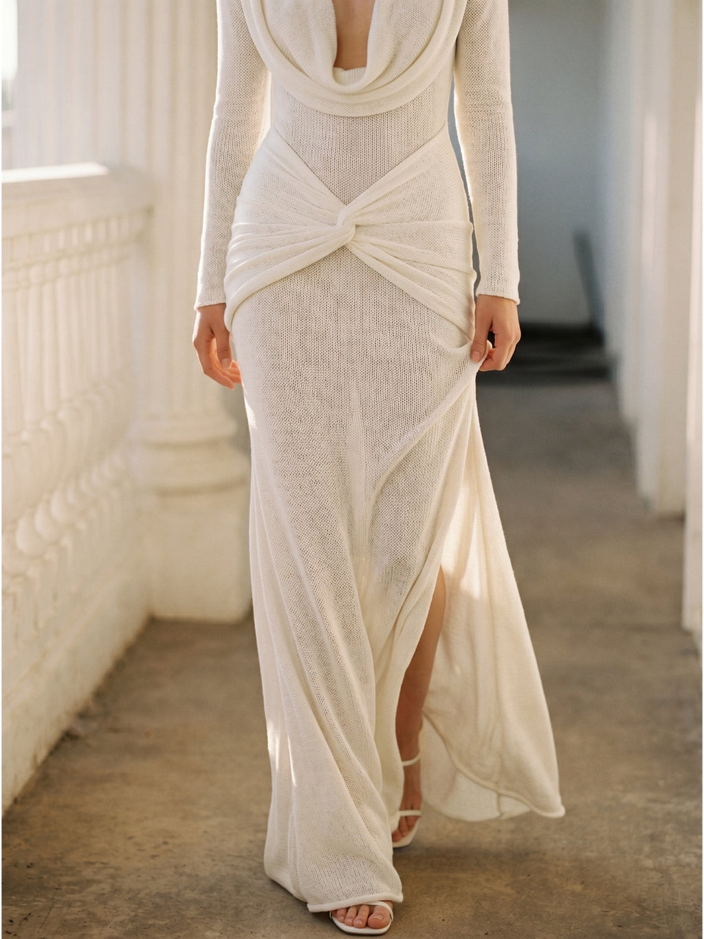 Ivory Stretch Knit Mermaid Cowl Neck Back Zip Floor-Length Pleated Bridesmaid Dress
