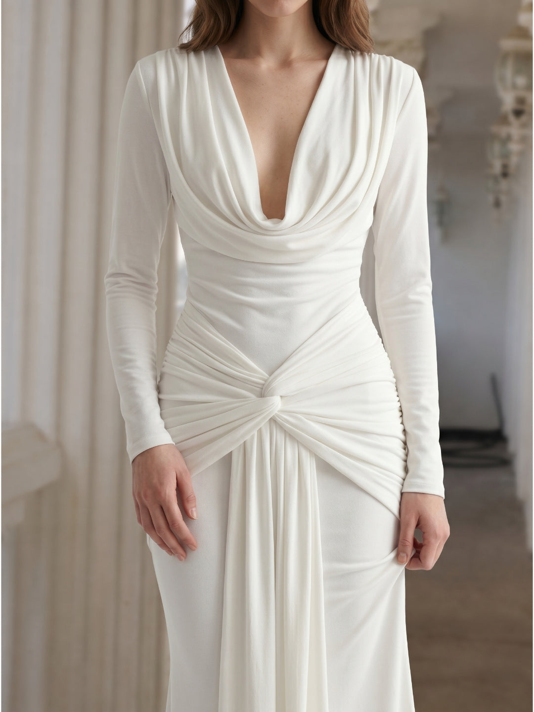 Ivory Stretch Knit Mermaid Cowl Neck Back Zip Floor-Length Pleated Bridesmaid Dress