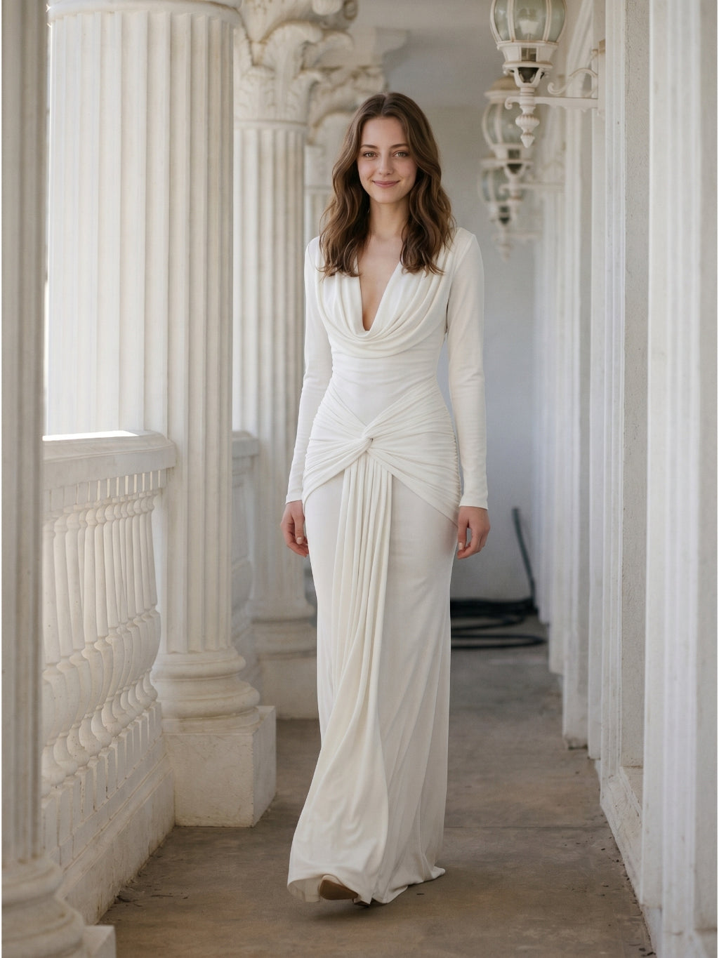 Ivory Stretch Knit Mermaid Cowl Neck Back Zip Floor-Length Pleated Bridesmaid Dress