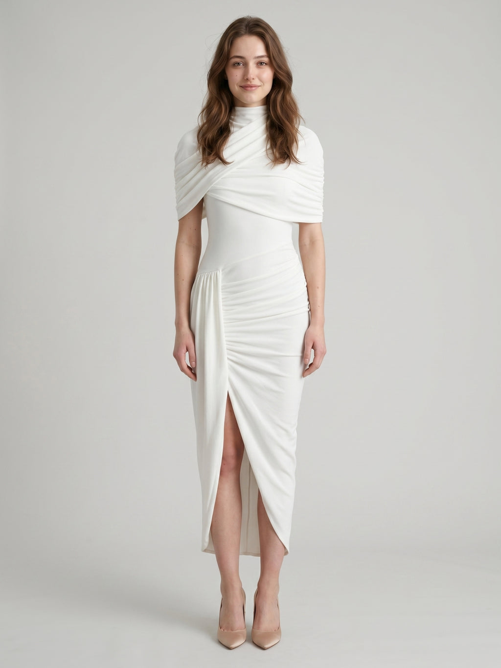 Ivory Stretch Knit Mermaid Cowl Neck Keyhole Back Tea-Length Pleated Bridesmaid Dress
