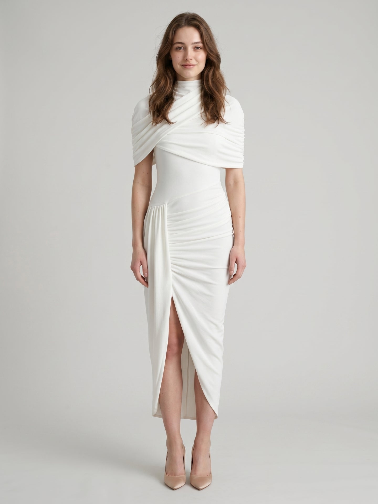 Ivory Stretch Knit Mermaid Cowl Neck Keyhole Back Tea-Length Pleated Bridesmaid Dress
