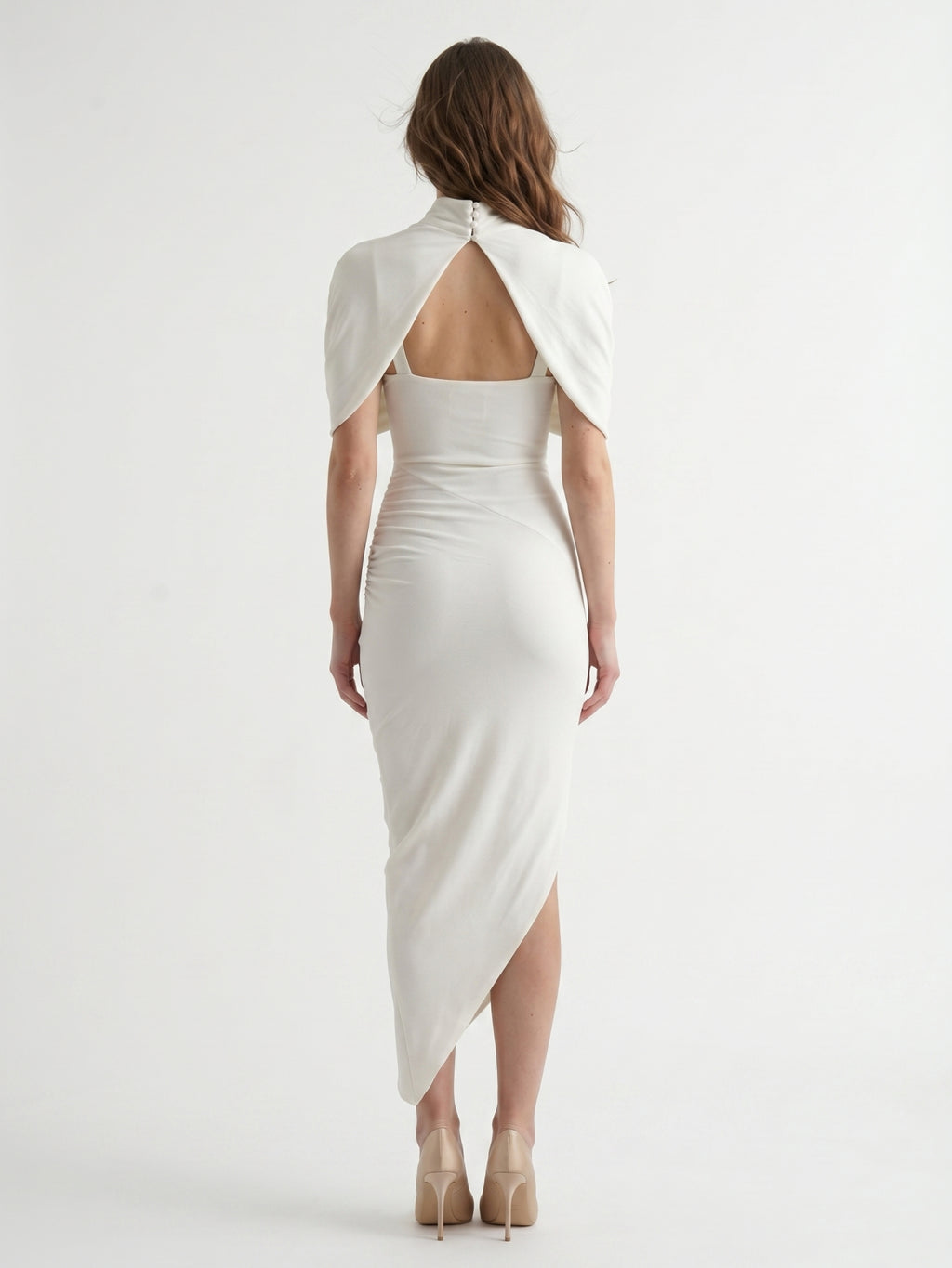Ivory Stretch Knit Mermaid Cowl Neck Keyhole Back Tea-Length Pleated Bridesmaid Dress