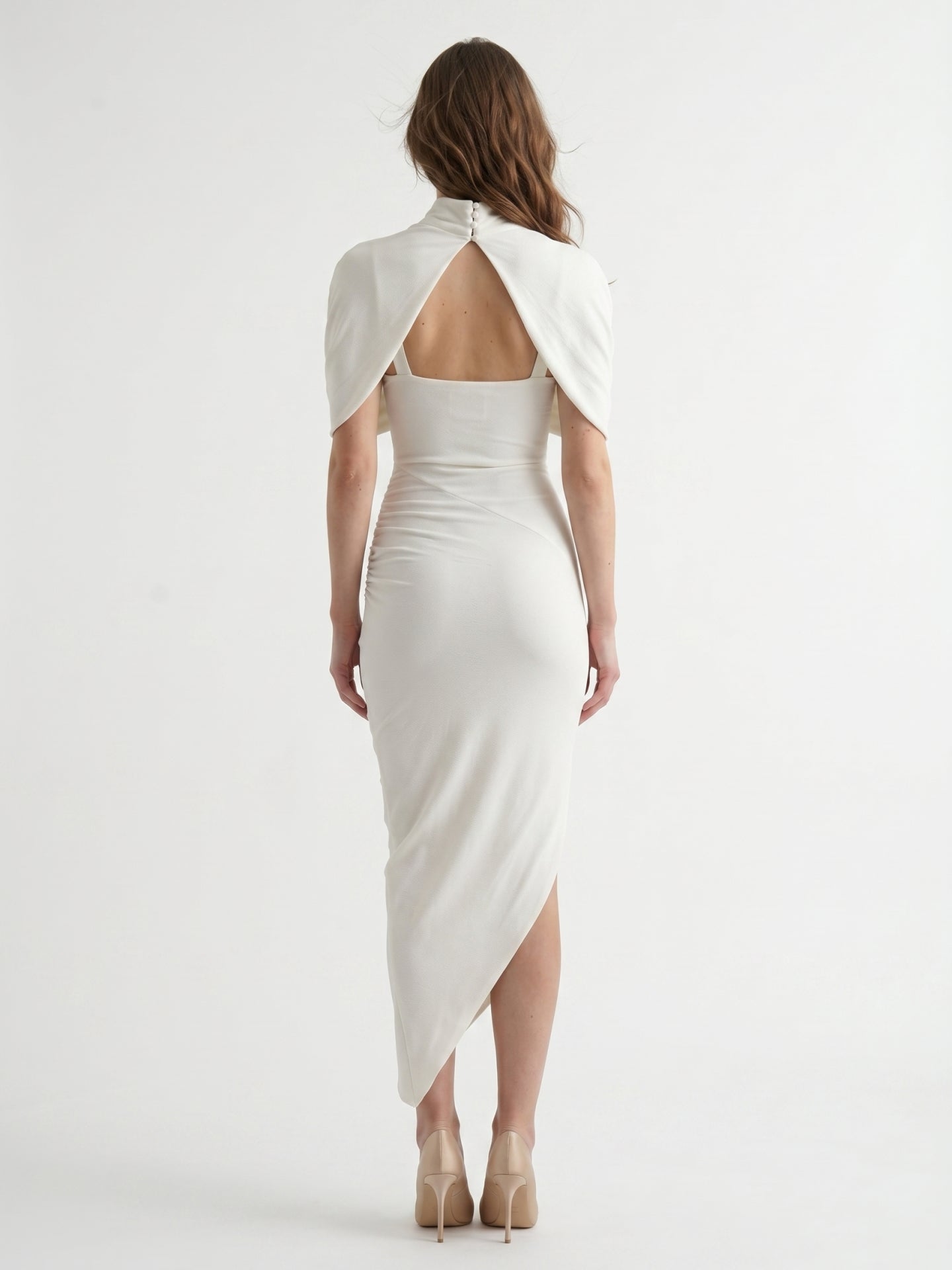 Ivory Stretch Knit Mermaid Cowl Neck Keyhole Back Tea-Length Pleated Bridesmaid Dress