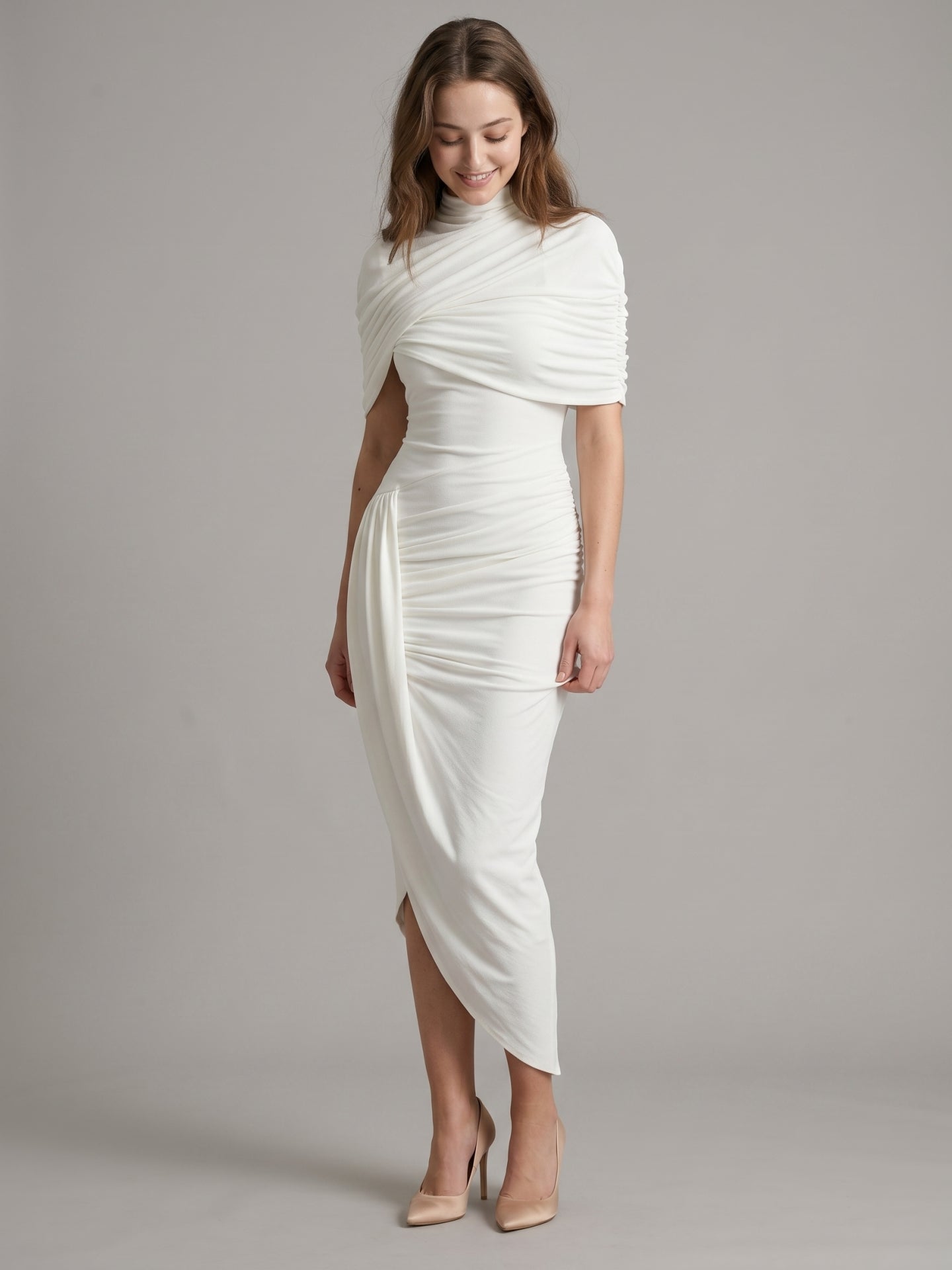 Ivory Stretch Knit Mermaid Cowl Neck Keyhole Back Tea-Length Pleated Bridesmaid Dress