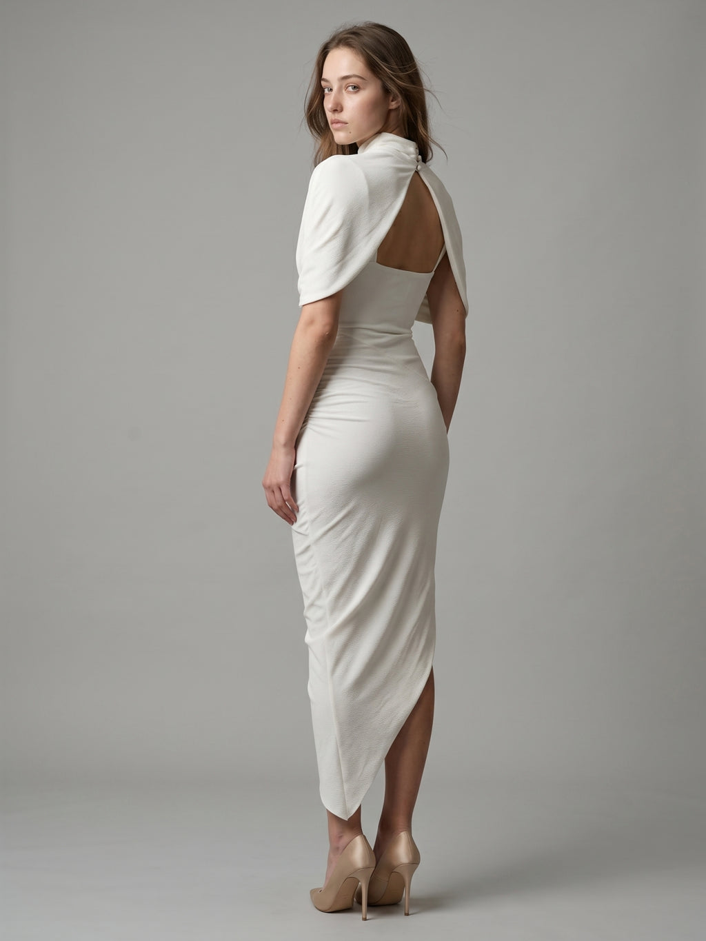 Ivory Stretch Knit Mermaid Cowl Neck Keyhole Back Tea-Length Pleated Bridesmaid Dress