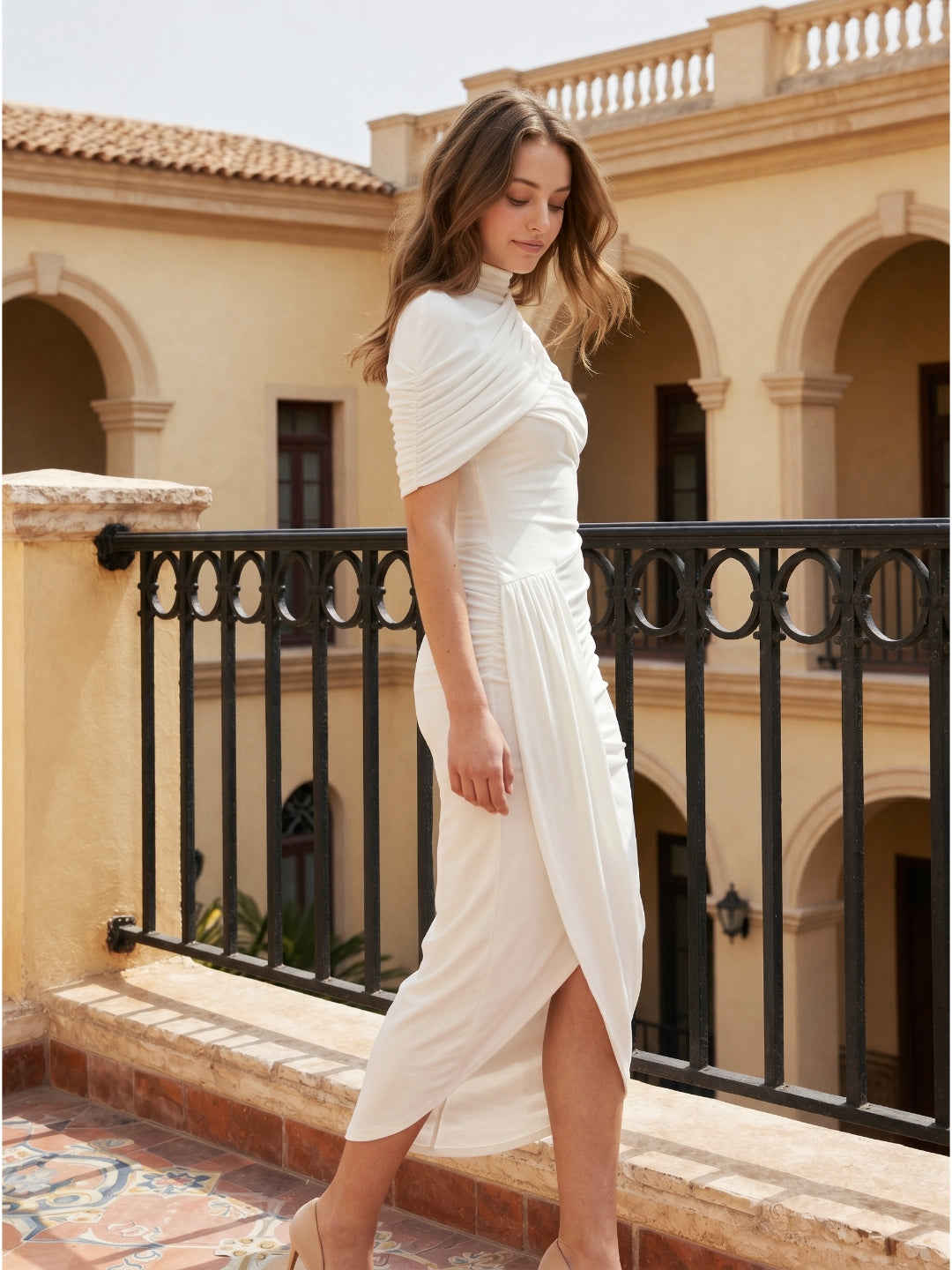 Ivory Stretch Knit Mermaid Cowl Neck Keyhole Back Tea-Length Pleated Bridesmaid Dress