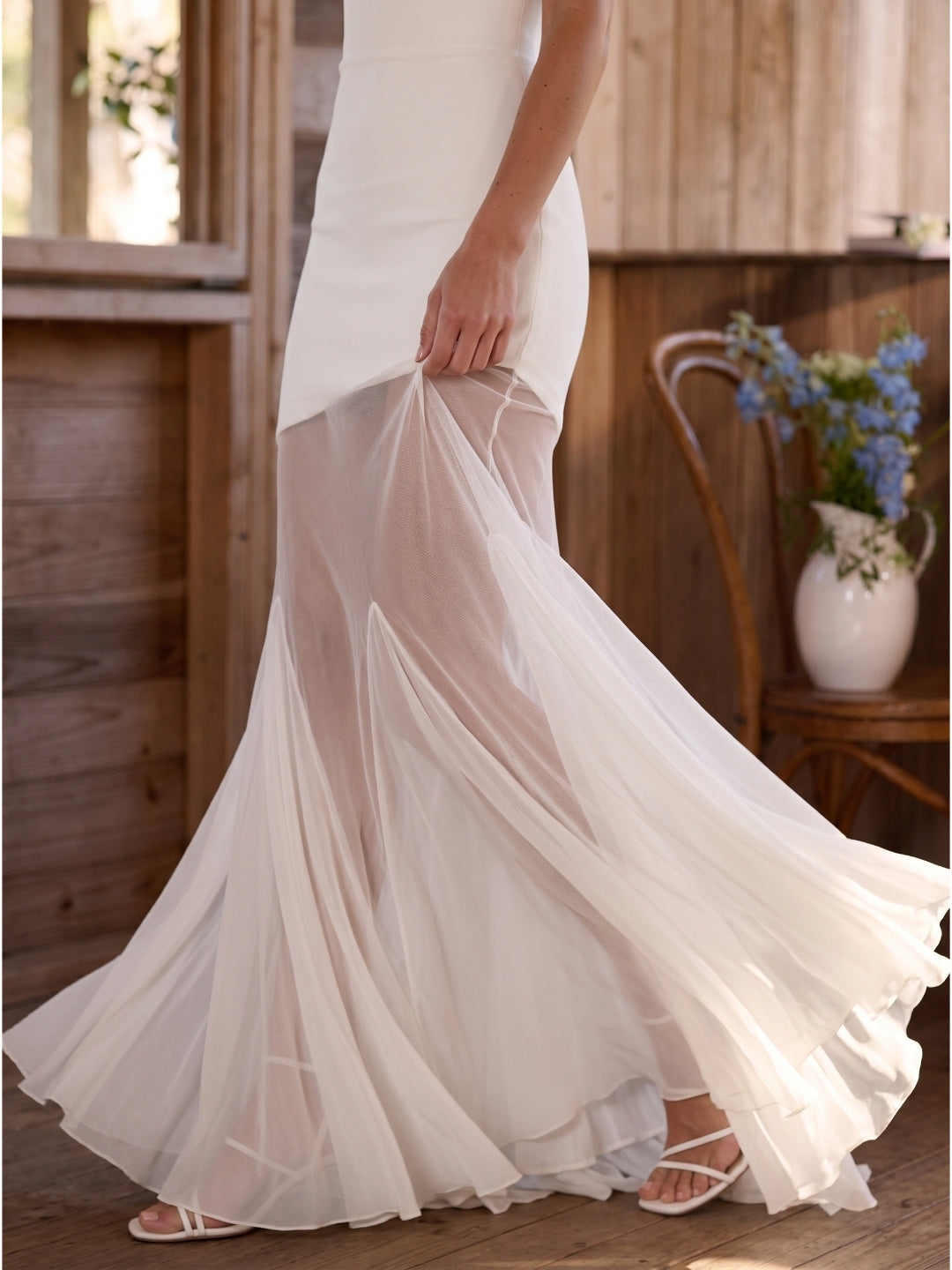 Ivory Stretch Knit Mermaid Straight Neck Backless Floor-Length Bridesmaid Dress