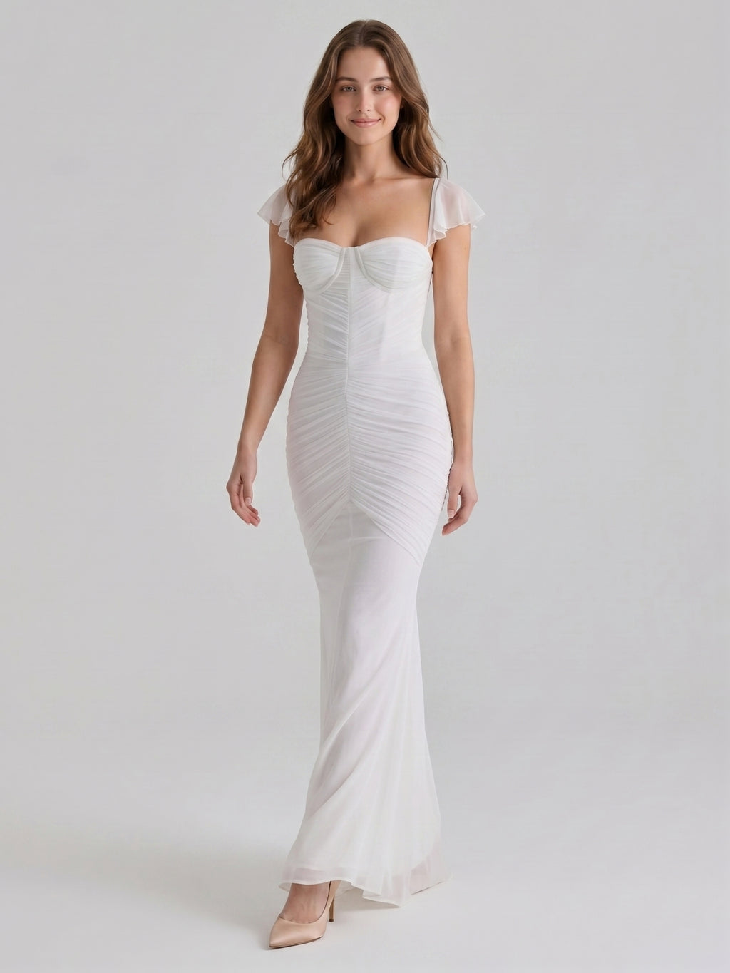 Ivory Stretch Knit Mermaid Sweetheart Backless Floor-Length Pleated Bridesmaid Dress