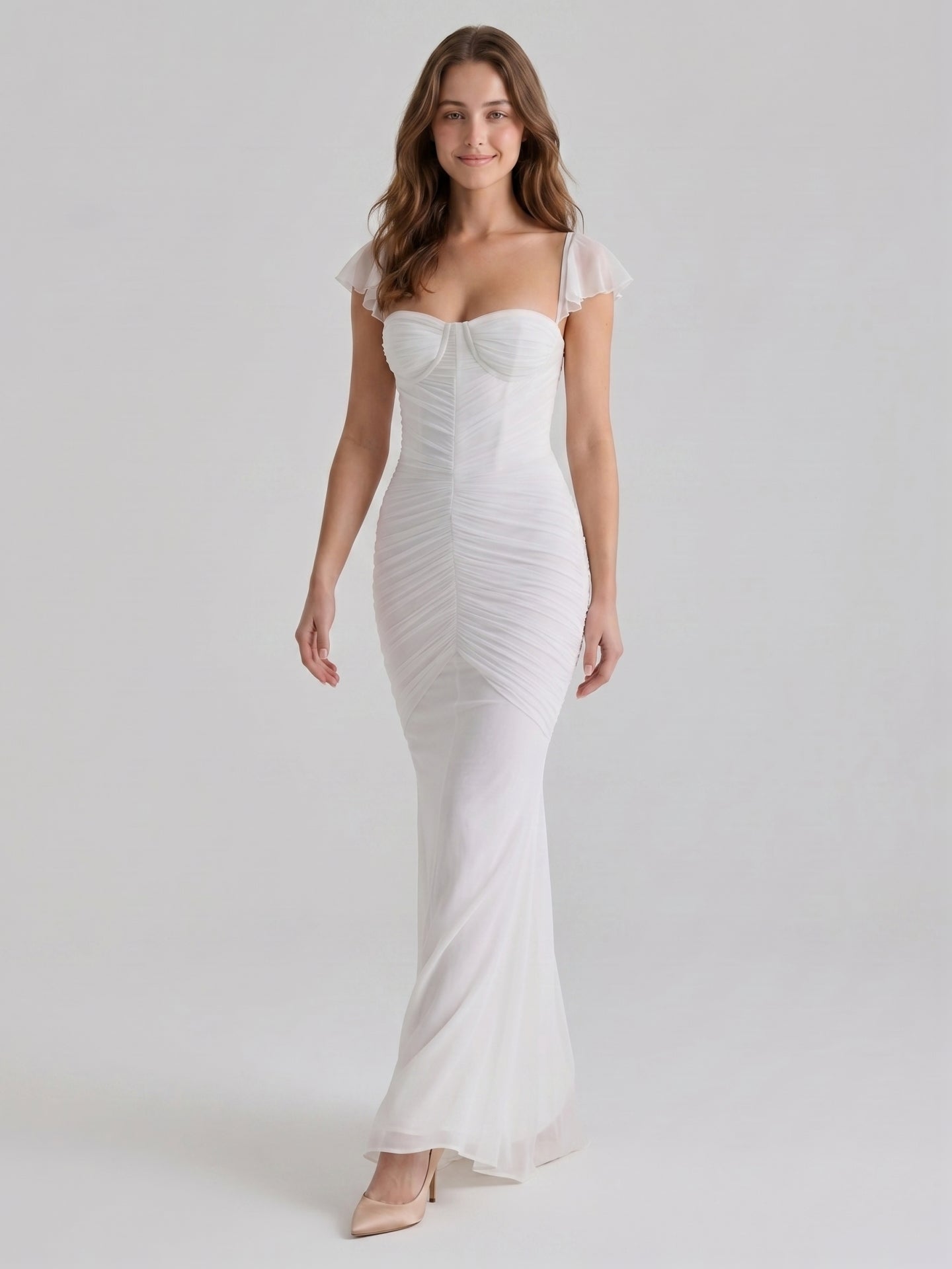 Ivory Stretch Knit Mermaid Sweetheart Backless Floor-Length Pleated Bridesmaid Dress
