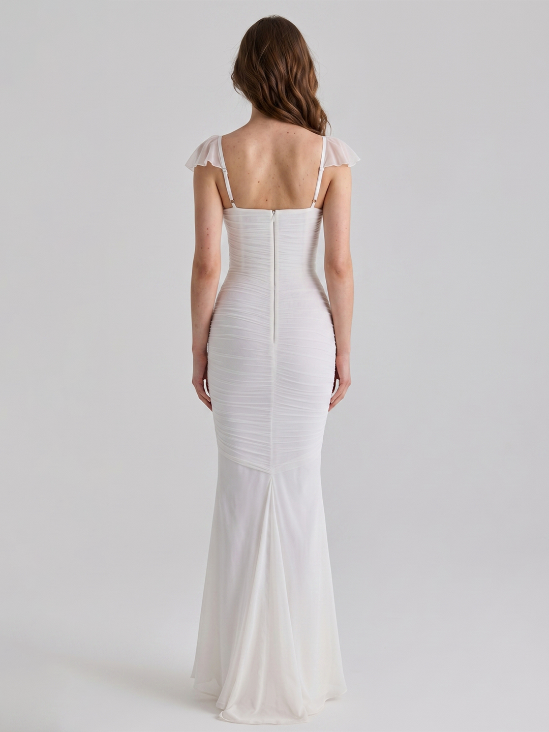 Ivory Stretch Knit Mermaid Sweetheart Backless Floor-Length Pleated Bridesmaid Dress