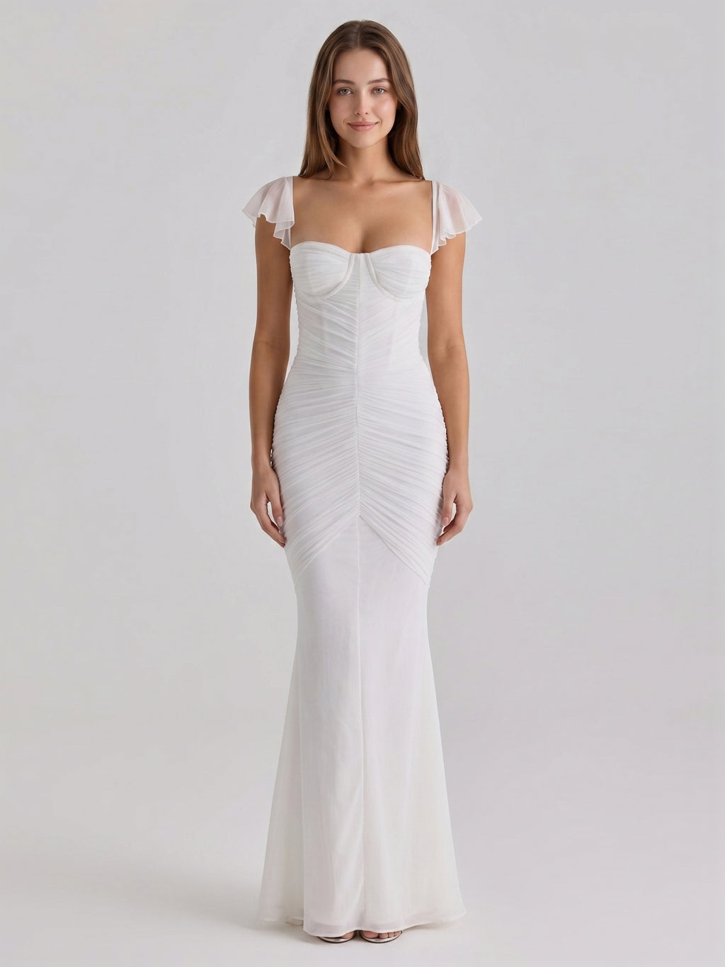Ivory Stretch Knit Mermaid Sweetheart Backless Floor-Length Pleated Bridesmaid Dress