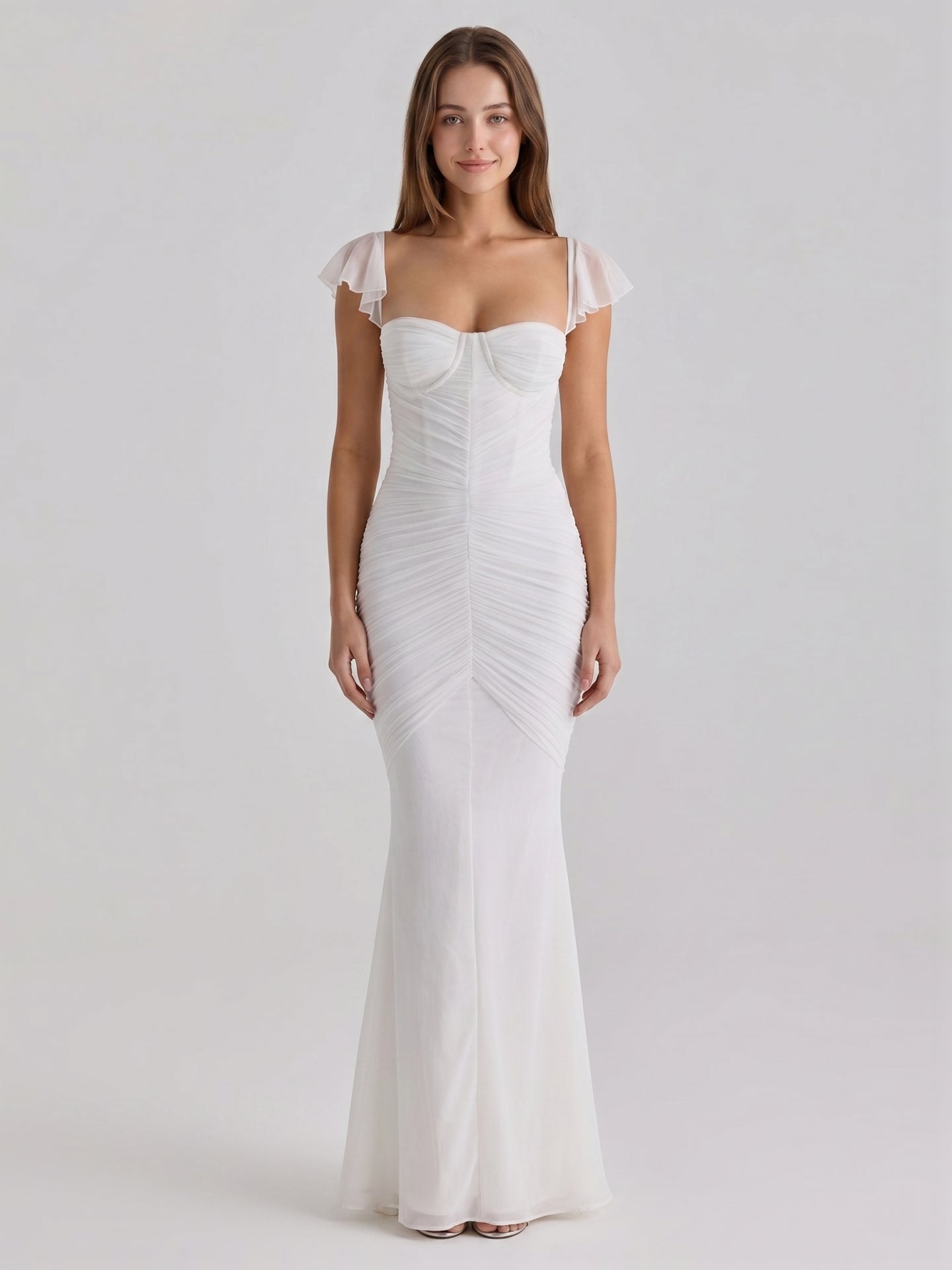 Ivory Stretch Knit Mermaid Sweetheart Backless Floor-Length Pleated Bridesmaid Dress