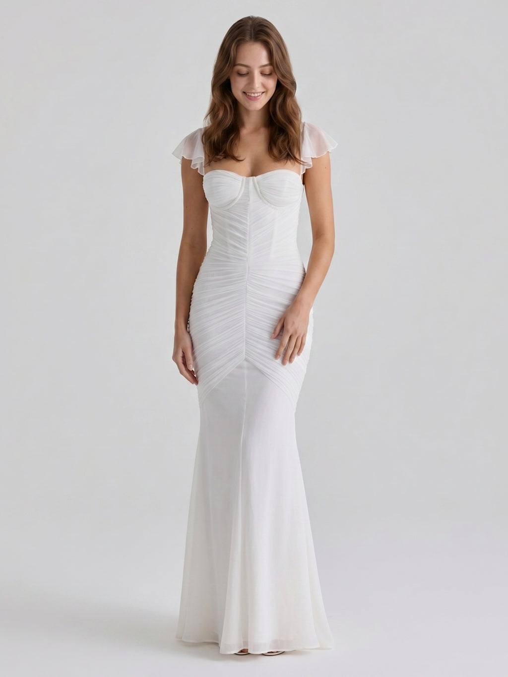 Ivory Stretch Knit Mermaid Sweetheart Backless Floor-Length Pleated Bridesmaid Dress