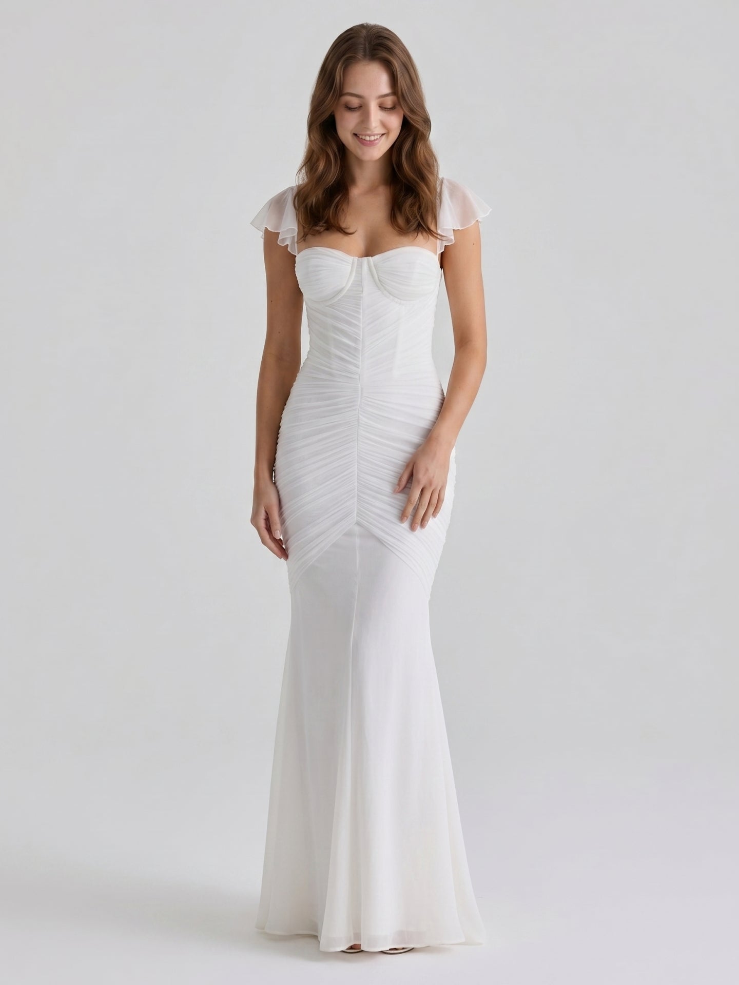 Ivory Stretch Knit Mermaid Sweetheart Backless Floor-Length Pleated Bridesmaid Dress