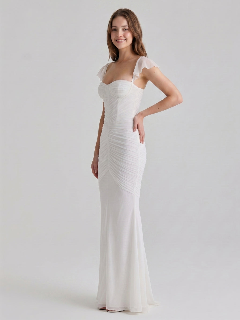 Ivory Stretch Knit Mermaid Sweetheart Backless Floor-Length Pleated Bridesmaid Dress
