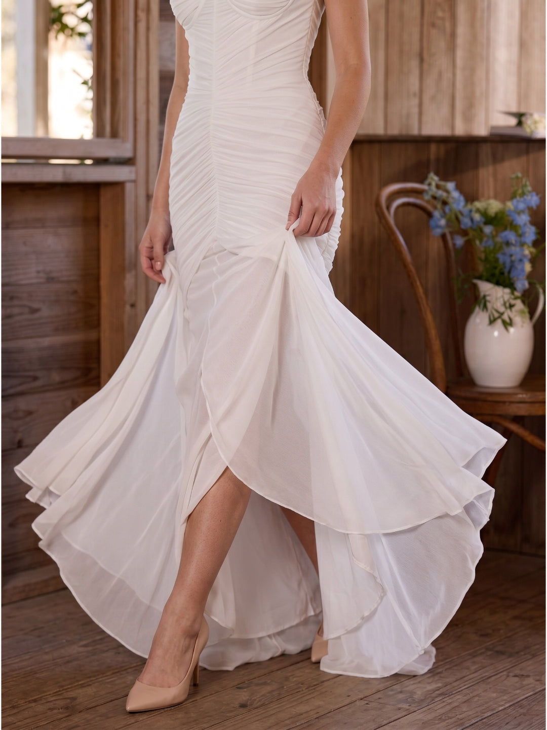 Ivory Stretch Knit Mermaid Sweetheart Backless Floor-Length Pleated Bridesmaid Dress
