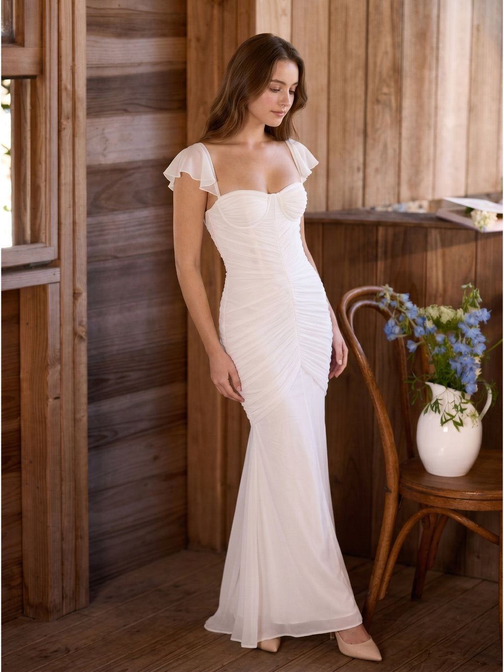 Ivory Stretch Knit Mermaid Sweetheart Backless Floor-Length Pleated Bridesmaid Dress