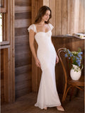Ivory Stretch Knit Mermaid Sweetheart Backless Floor-Length Pleated Bridesmaid Dress