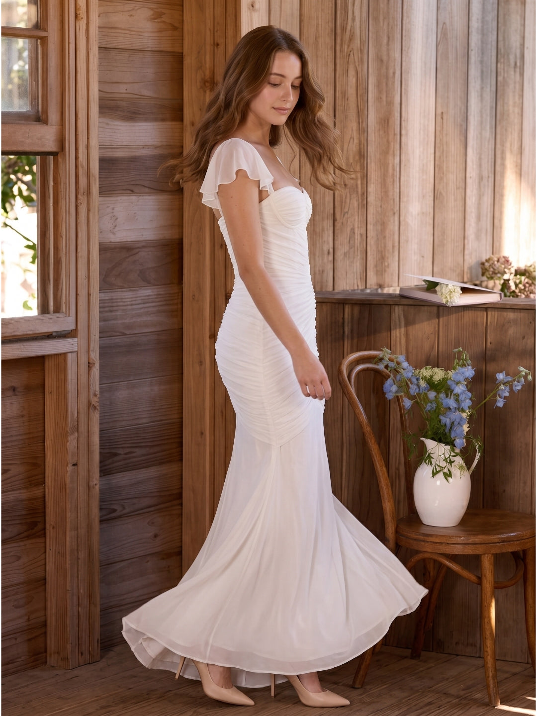 Ivory Stretch Knit Mermaid Sweetheart Backless Floor-Length Pleated Bridesmaid Dress