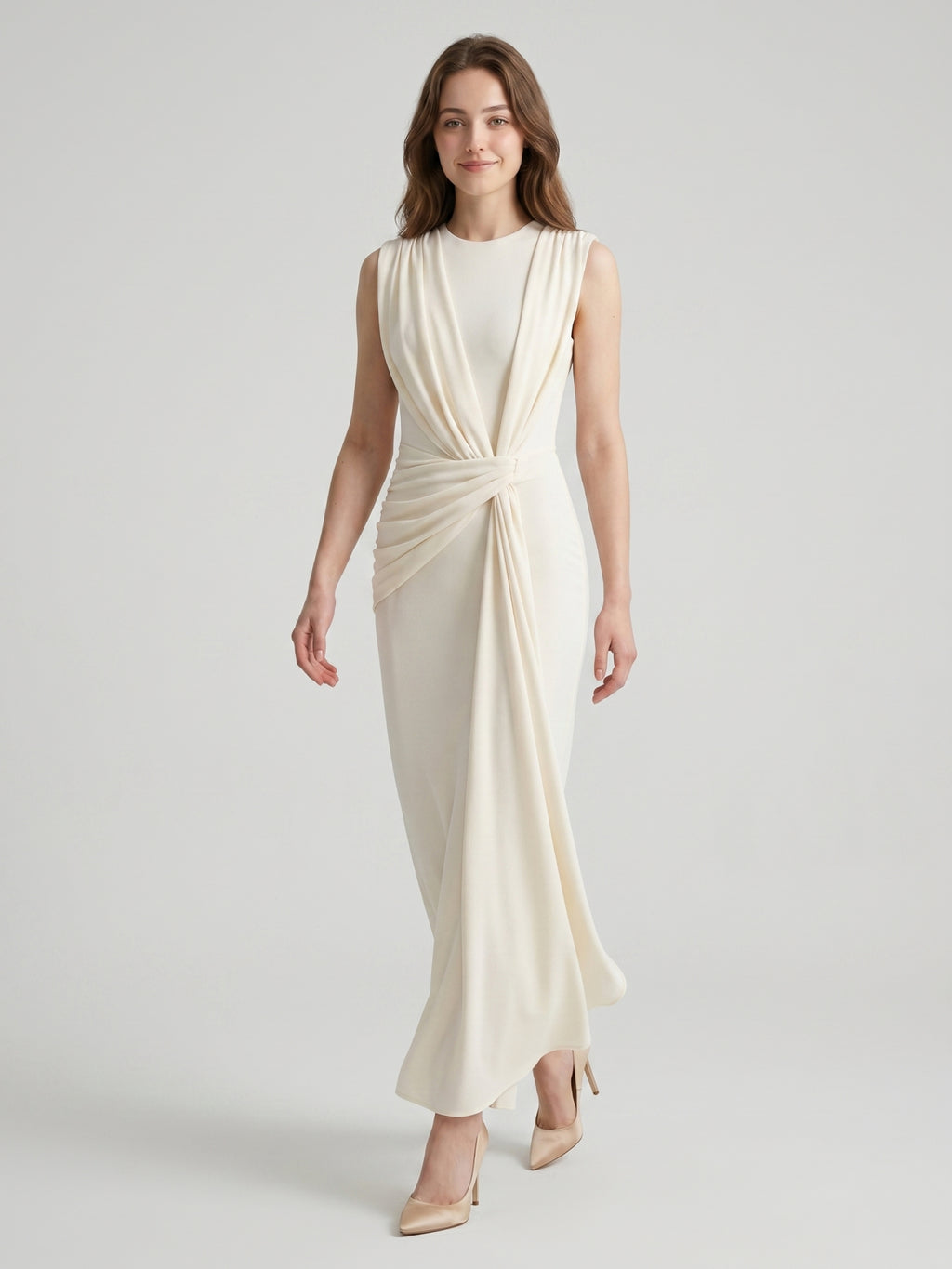 Ivory Stretch Knit  Scoop Neck Back Zip Floor-Length Pleated Bridesmaid Dress