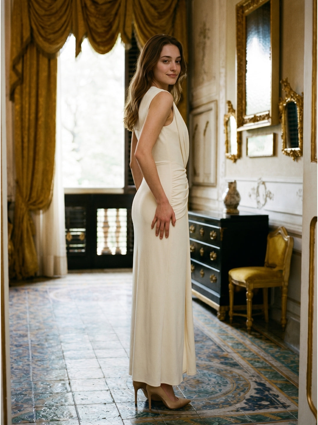 Ivory Stretch Knit  Scoop Neck Back Zip Floor-Length Pleated Bridesmaid Dress