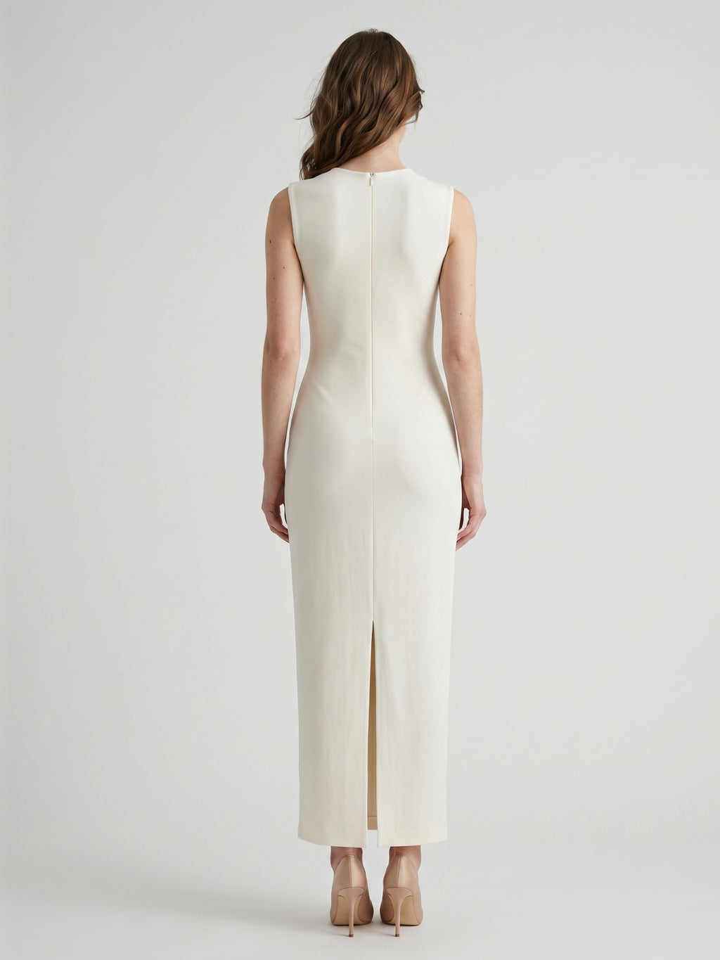 Ivory Stretch Knit  Scoop Neck Back Zip Floor-Length Pleated Bridesmaid Dress