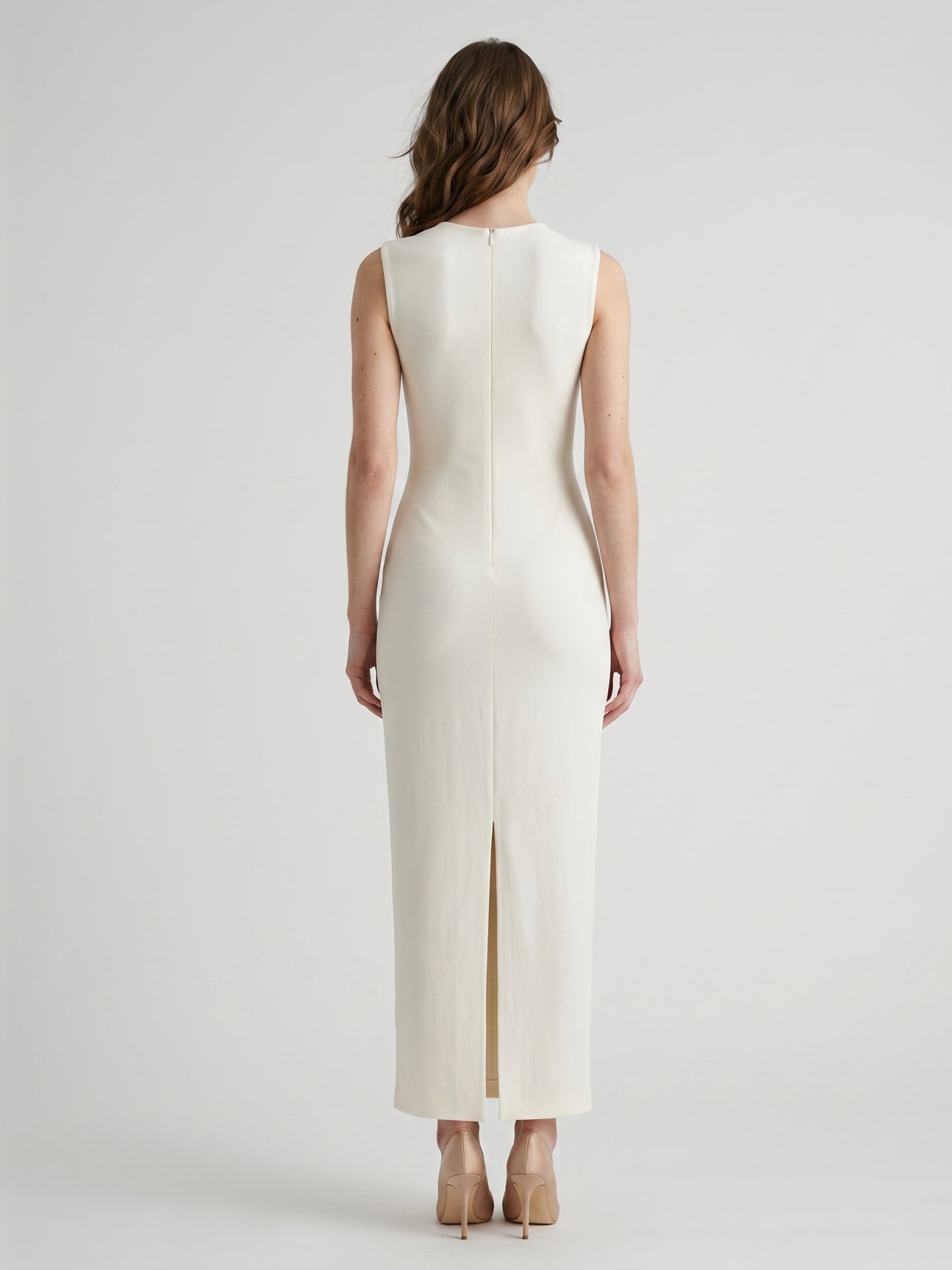 Ivory Stretch Knit  Scoop Neck Back Zip Floor-Length Pleated Bridesmaid Dress