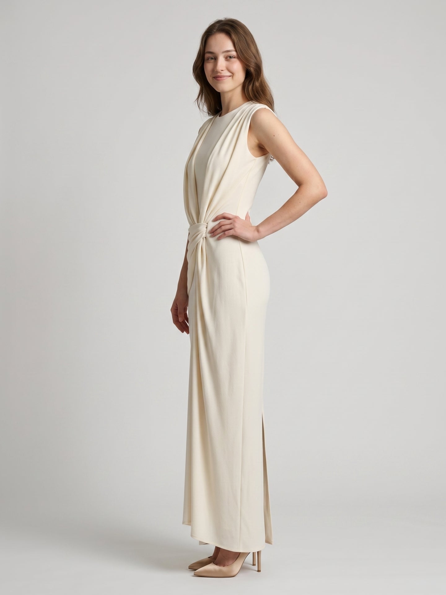 Ivory Stretch Knit  Scoop Neck Back Zip Floor-Length Pleated Bridesmaid Dress
