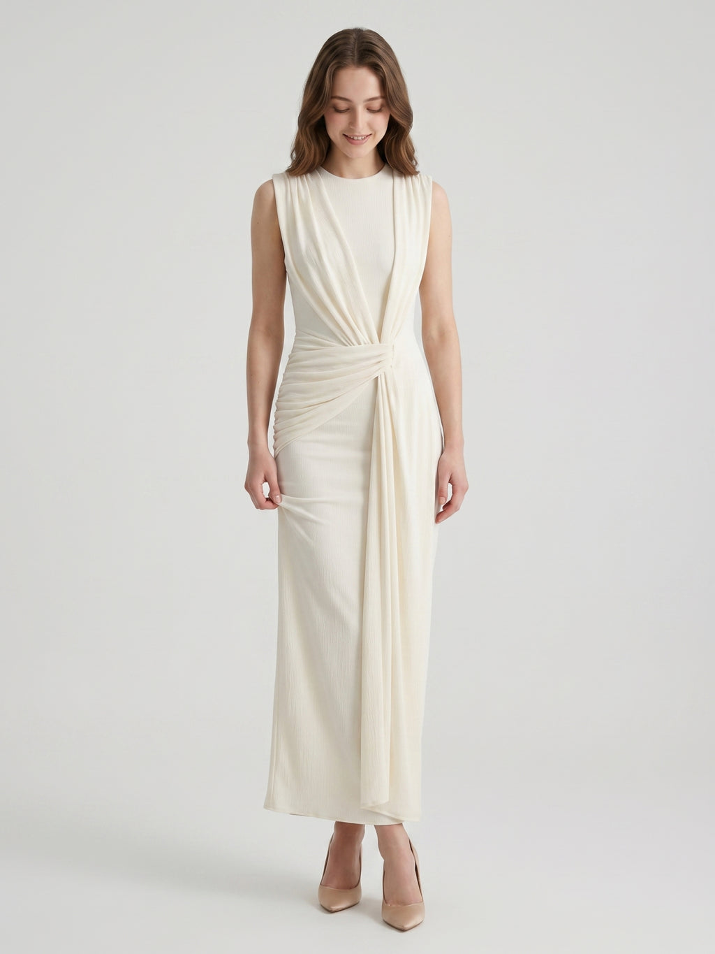 Ivory Stretch Knit  Scoop Neck Back Zip Floor-Length Pleated Bridesmaid Dress