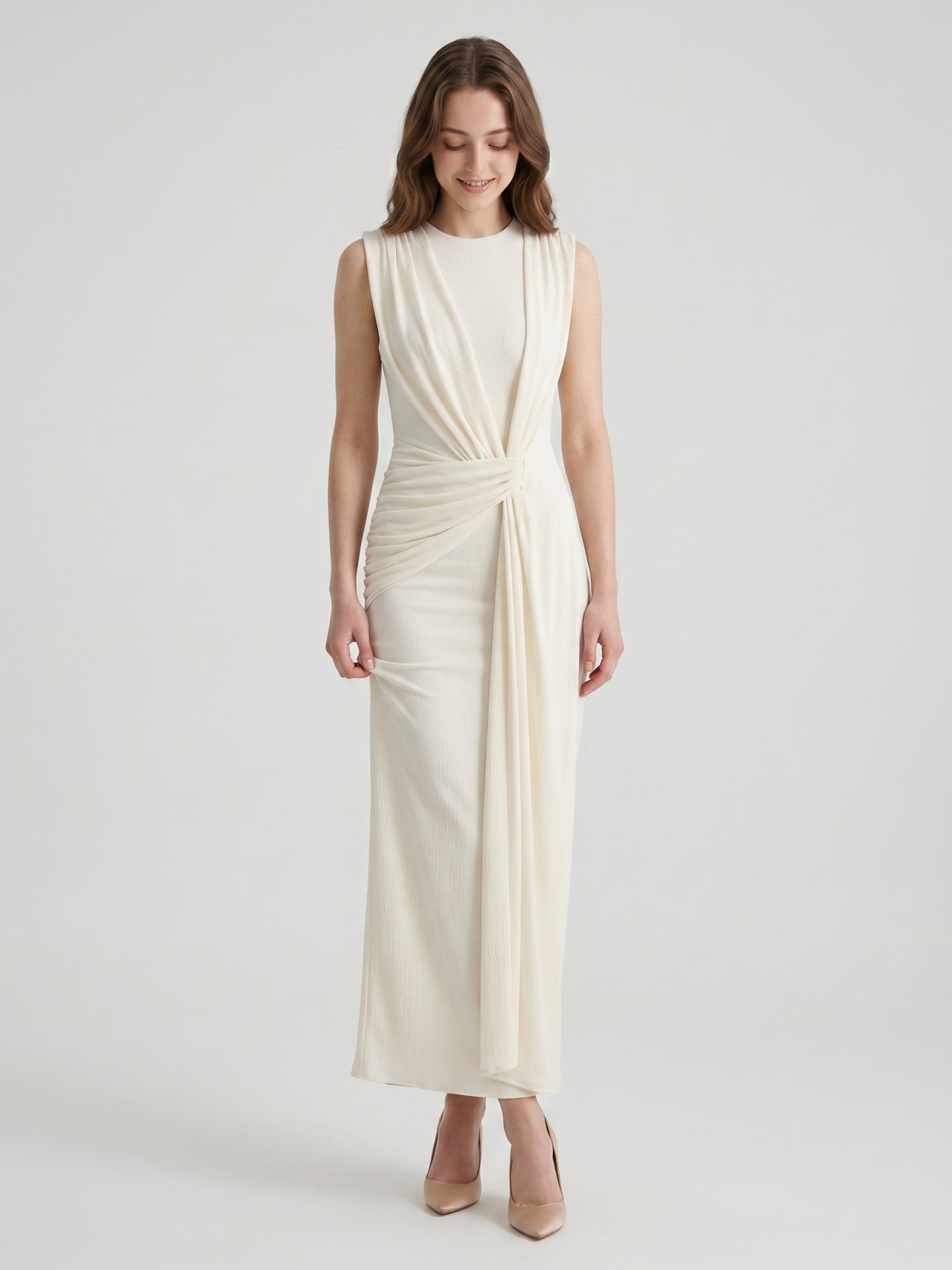 Ivory Stretch Knit  Scoop Neck Back Zip Floor-Length Pleated Bridesmaid Dress