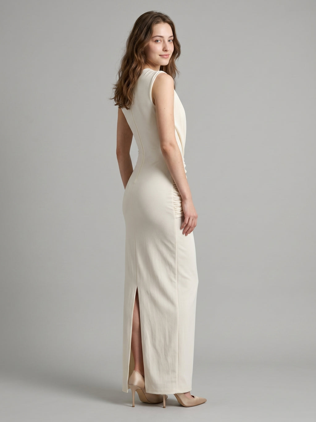 Ivory Stretch Knit  Scoop Neck Back Zip Floor-Length Pleated Bridesmaid Dress