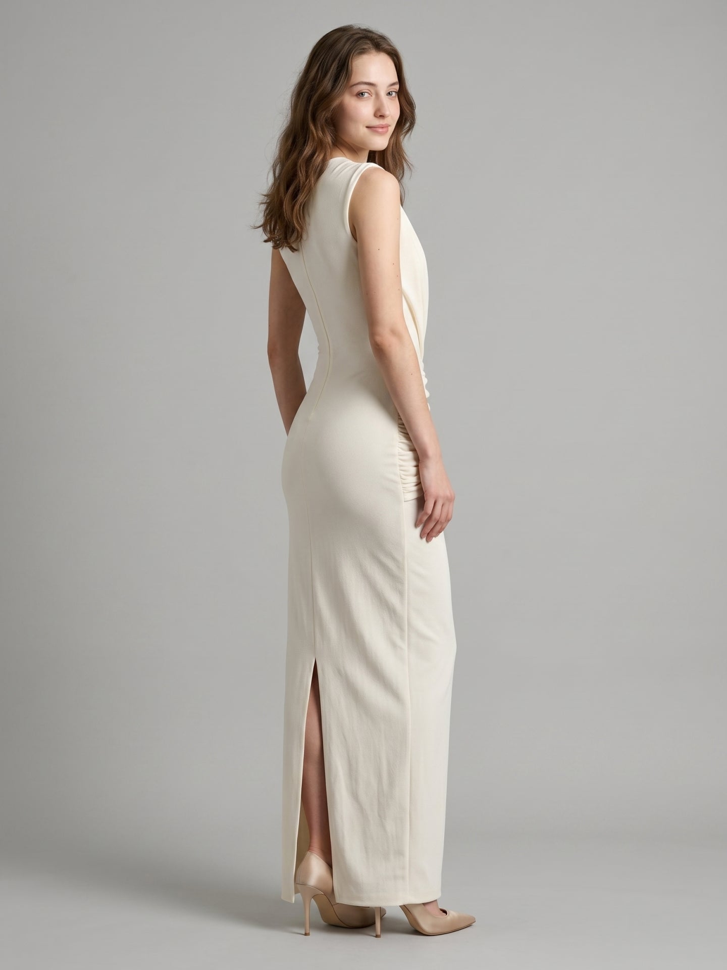 Ivory Stretch Knit  Scoop Neck Back Zip Floor-Length Pleated Bridesmaid Dress