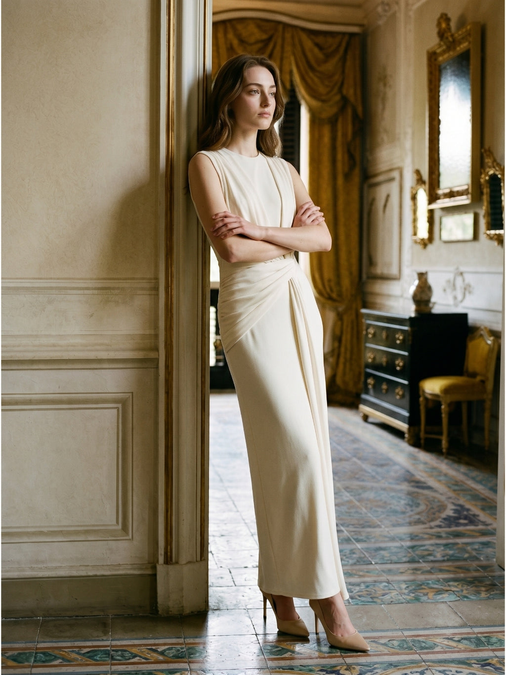 Ivory Stretch Knit  Scoop Neck Back Zip Floor-Length Pleated Bridesmaid Dress