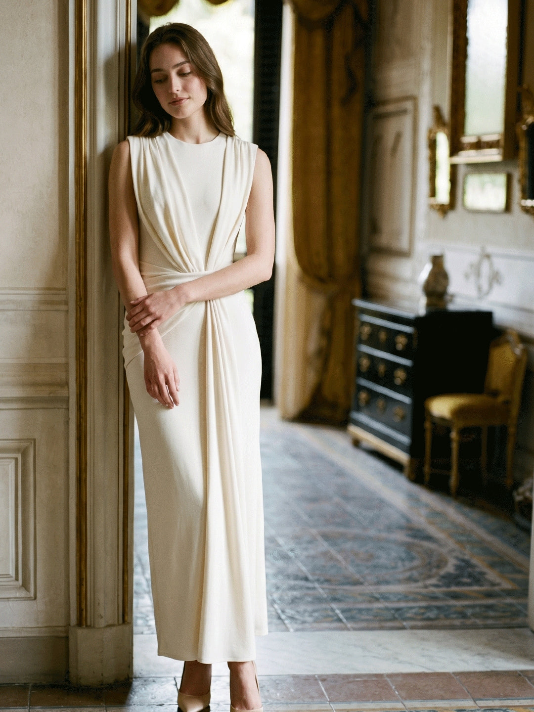 Ivory Stretch Knit  Scoop Neck Back Zip Floor-Length Pleated Bridesmaid Dress