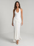Ivory Stretch Knit Sheath Halter Neckline Backless Floor-Length Party Dress with Pleating