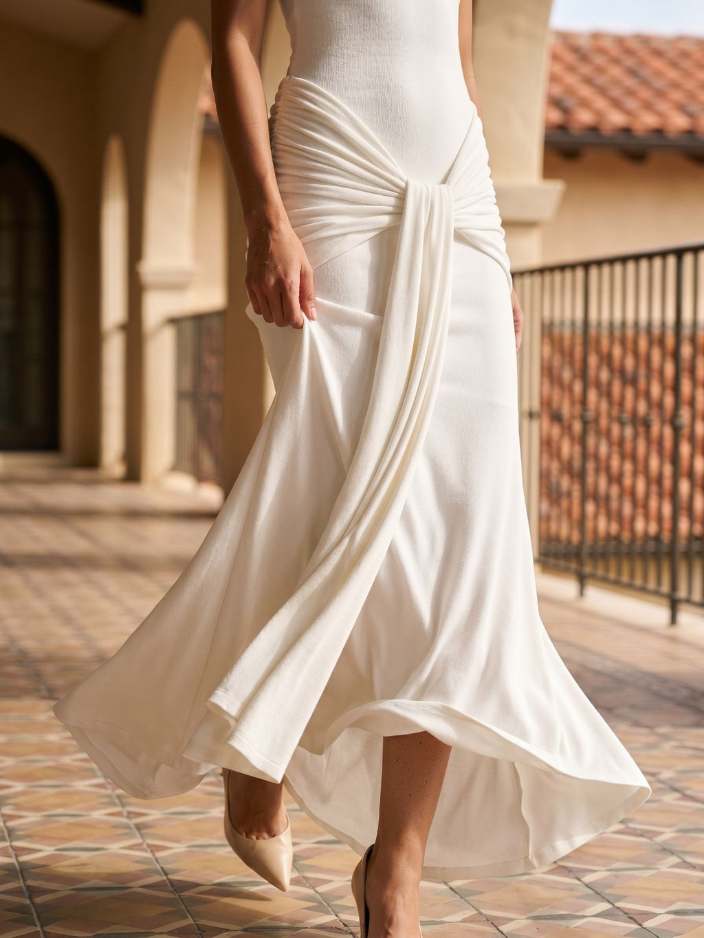 Ivory Stretch Knit Sheath Halter Neckline Backless Floor-Length Party Dress with Pleating