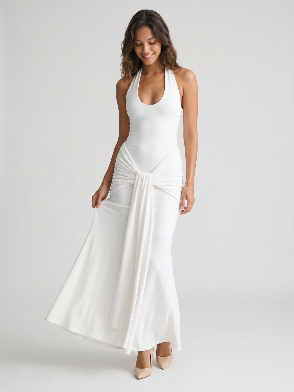 Ivory Stretch Knit Sheath Halter Neckline Backless Floor-Length Party Dress with Pleating