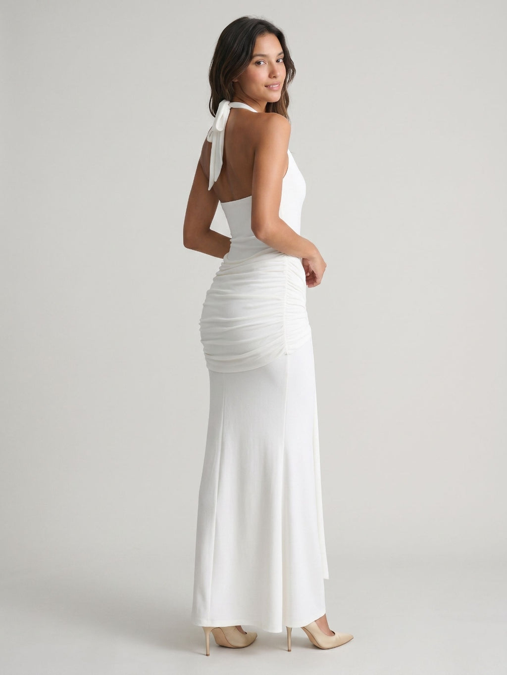 Ivory Stretch Knit Sheath Halter Neckline Backless Floor-Length Party Dress with Pleating