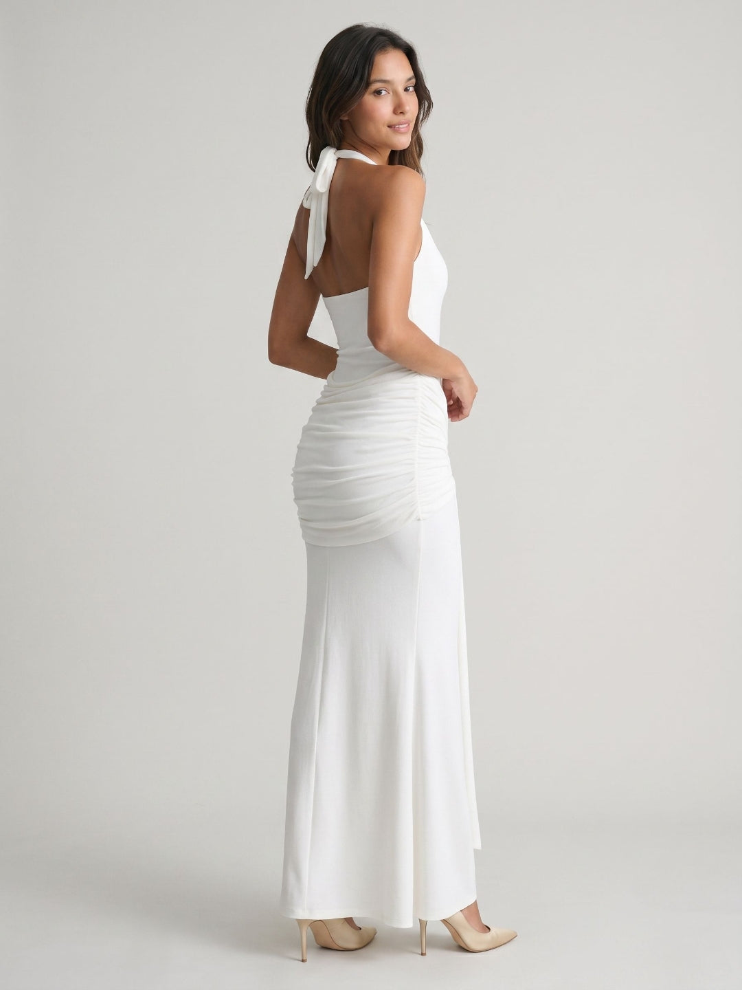 Ivory Stretch Knit Sheath Halter Neckline Backless Floor-Length Party Dress with Pleating