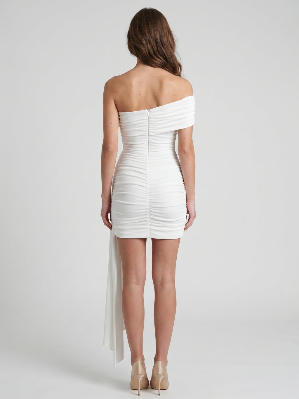 Ivory Stretch Knit Sheath One Shoulder Backless Knee-Length Pleated Bridesmaid Dress