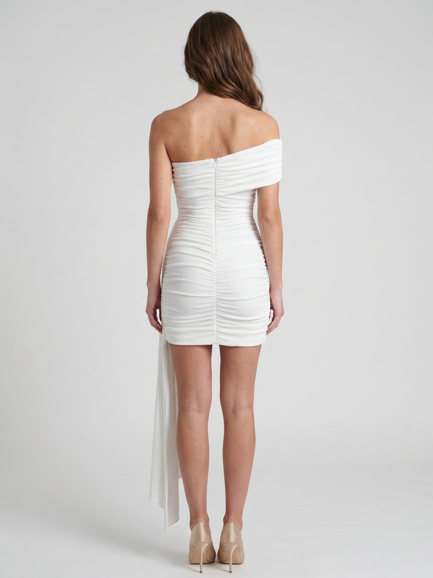 Ivory Stretch Knit Sheath One Shoulder Backless Knee-Length Pleated Bridesmaid Dress