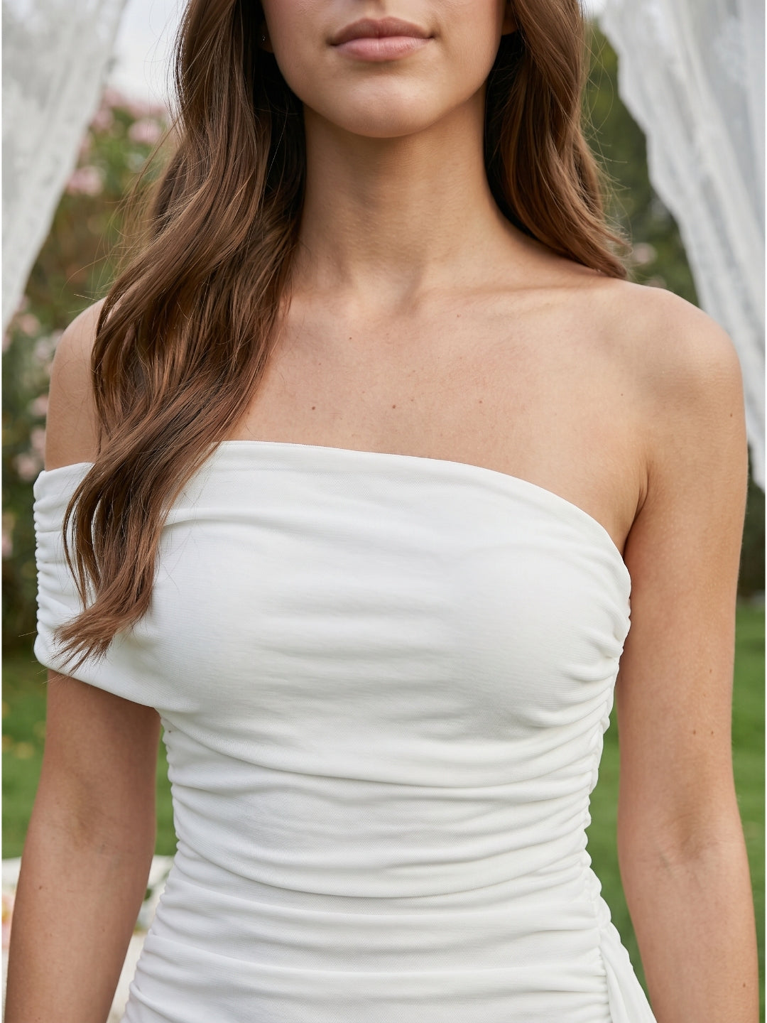 Ivory Stretch Knit Sheath One Shoulder Backless Knee-Length Pleated Bridesmaid Dress