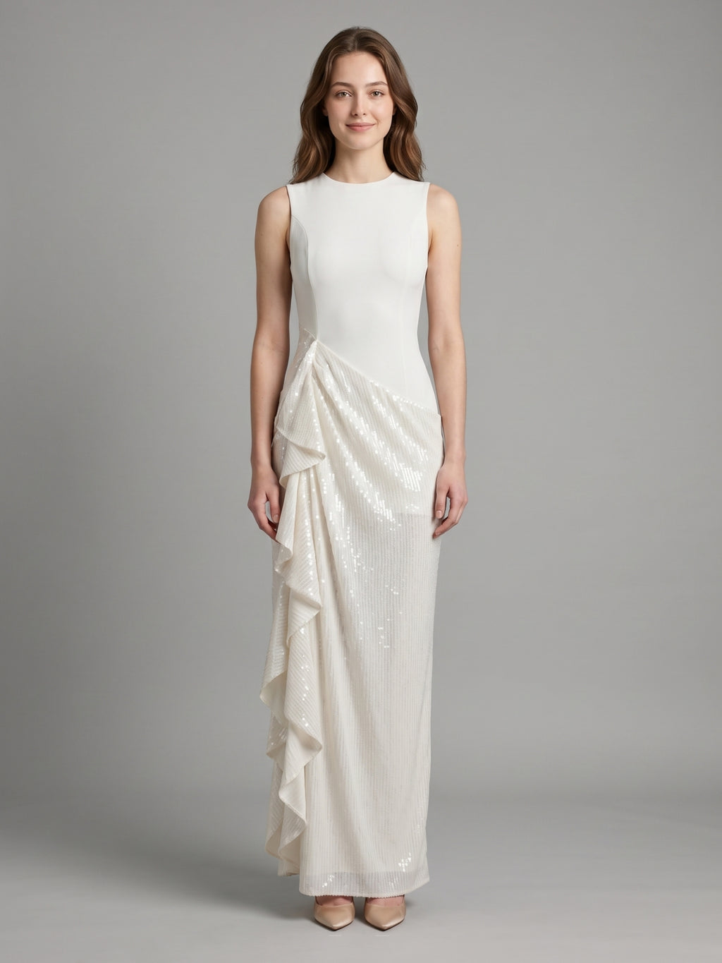 Ivory Stretch Knit Sheath Scoop Neck Back Zip Floor-Length Pleated Bridesmaid Dress