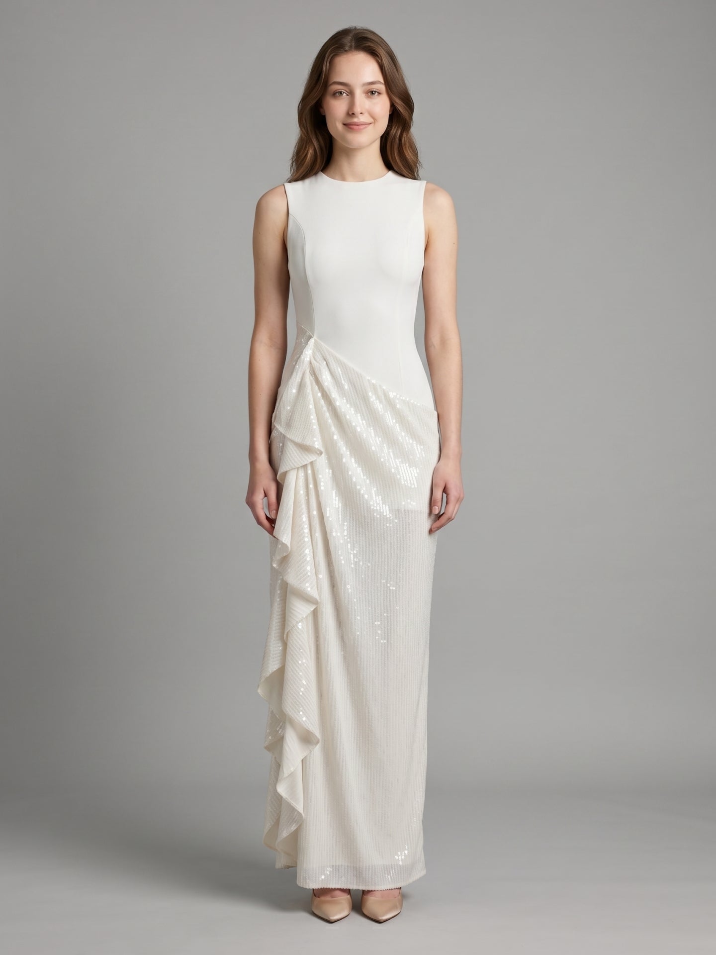 Ivory Stretch Knit Sheath Scoop Neck Back Zip Floor-Length Pleated Bridesmaid Dress