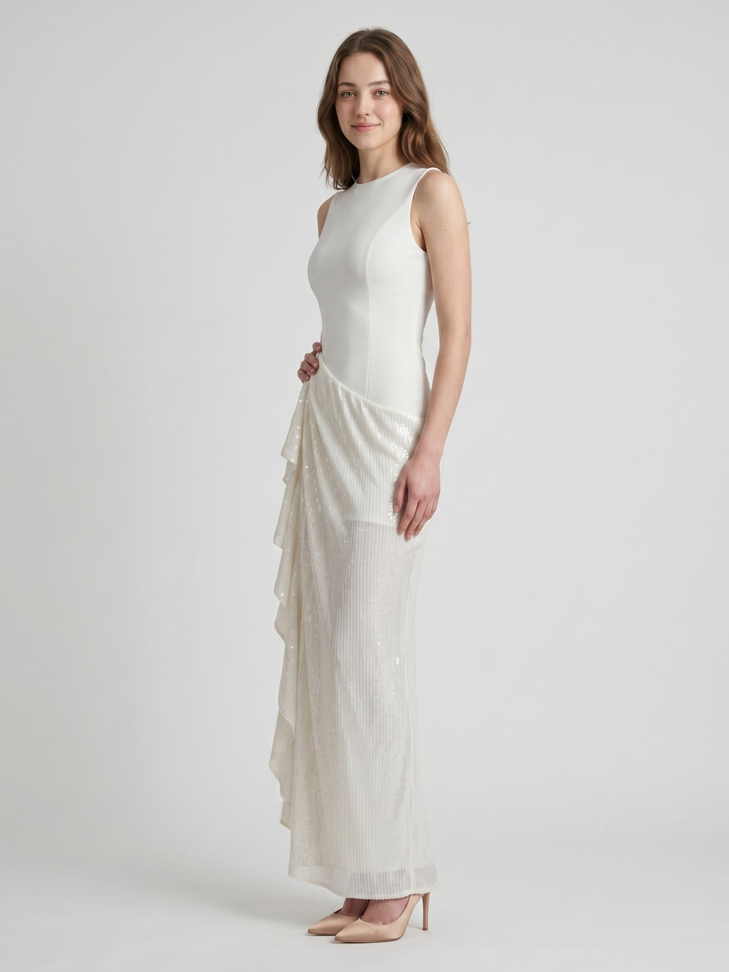 Ivory Stretch Knit Sheath Scoop Neck Back Zip Floor-Length Pleated Bridesmaid Dress