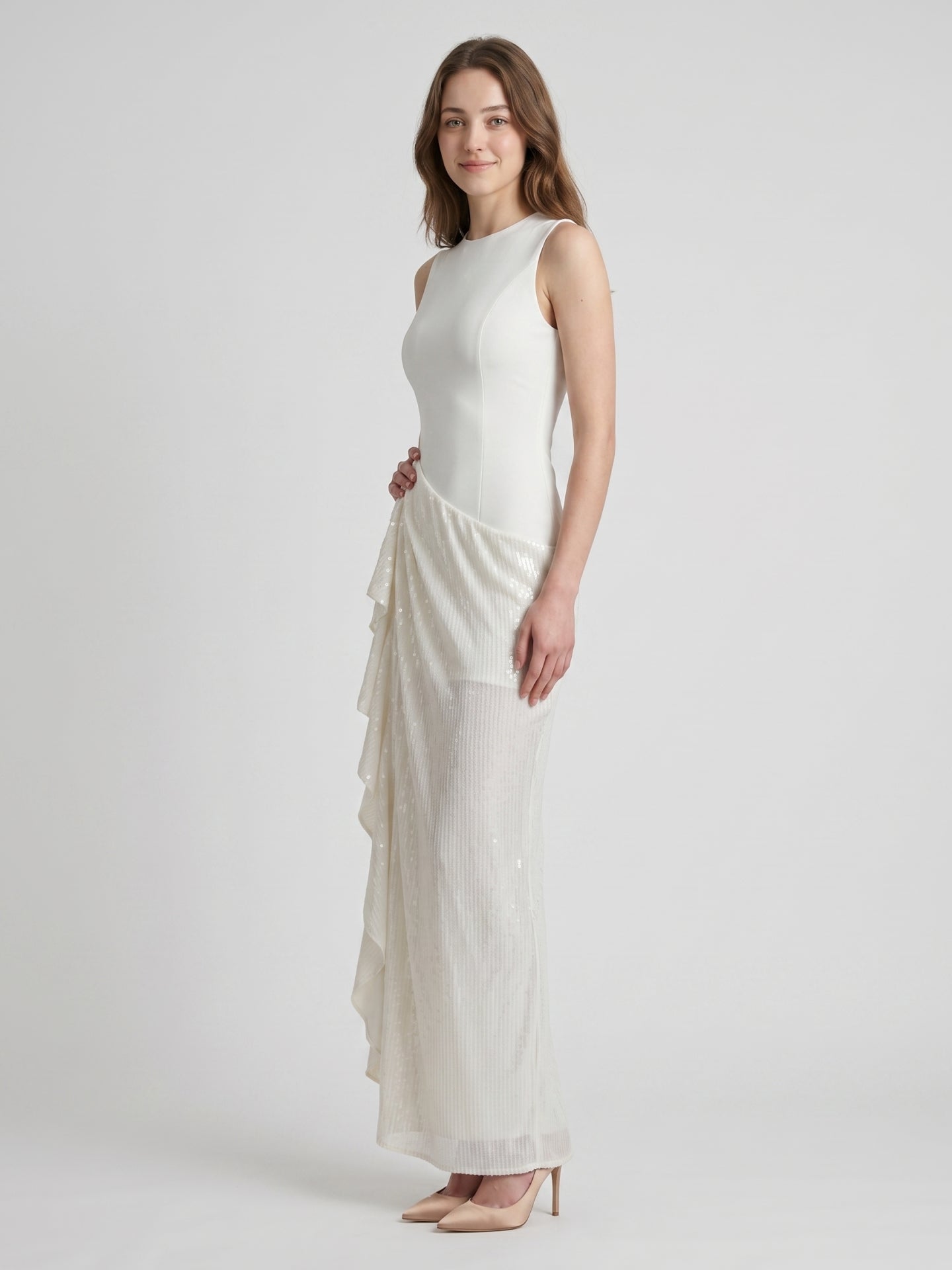 Ivory Stretch Knit Sheath Scoop Neck Back Zip Floor-Length Pleated Bridesmaid Dress