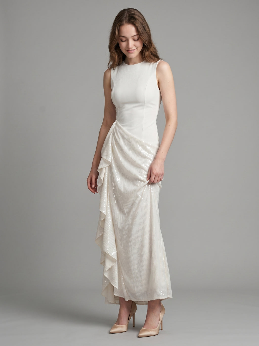 Ivory Stretch Knit Sheath Scoop Neck Back Zip Floor-Length Pleated Bridesmaid Dress