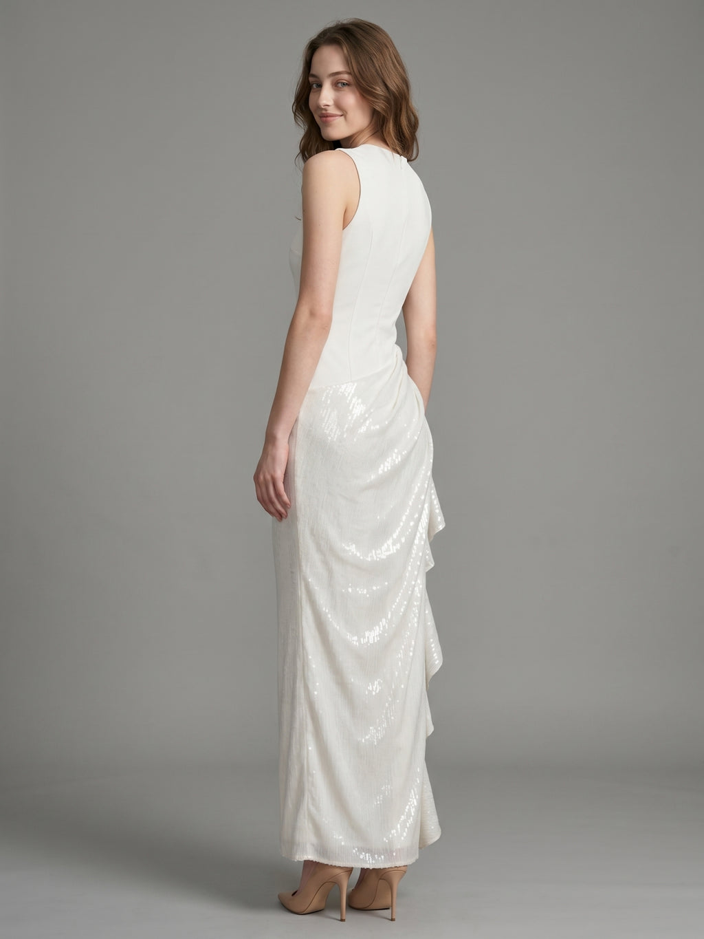 Ivory Stretch Knit Sheath Scoop Neck Back Zip Floor-Length Pleated Bridesmaid Dress
